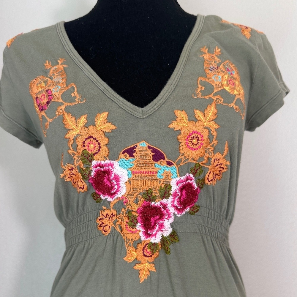 JWLA Johnny Was Embroidered Cotton Dress Small Green Boho Smocked Coastal Hippie